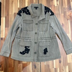 PlusSz 14/16 Olive Utility Cargo Jacket w Black Floral Appliqué Adjustable Waist